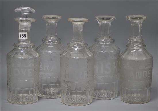 Five large 19th century wheel engraved decanters, named SHERRY, HOLLANDS, BRANDY, WHISKY and CLOVES